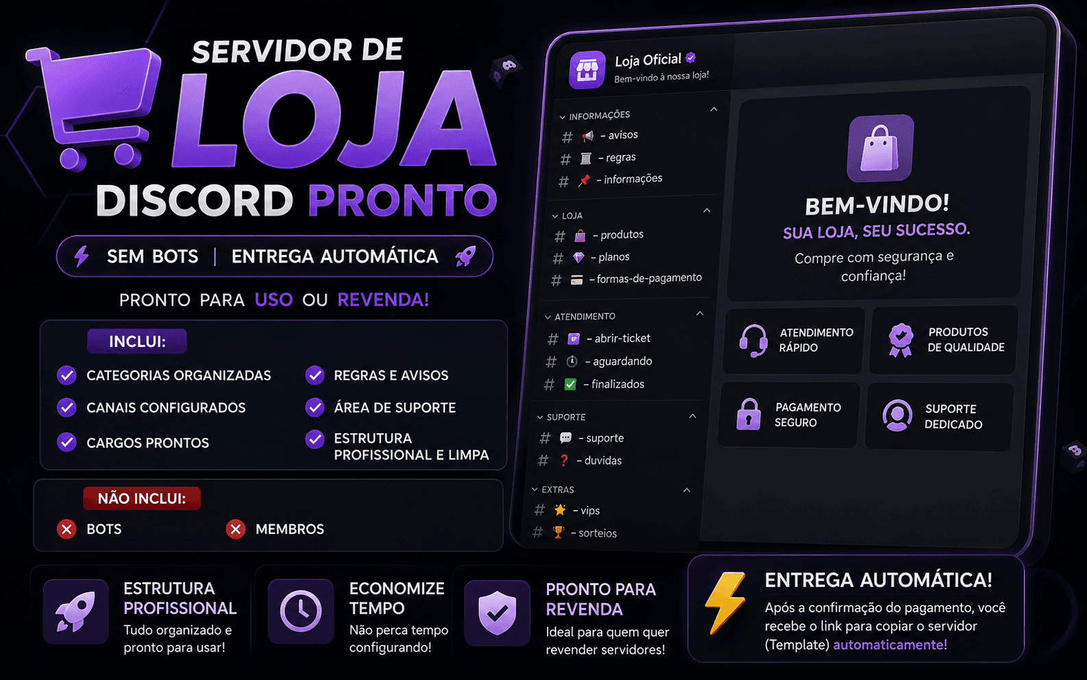 🛒 Servidor de Loja Discord Pronto | Sem Bots | Entrega Automática | Pronto para Uso ou Revenda